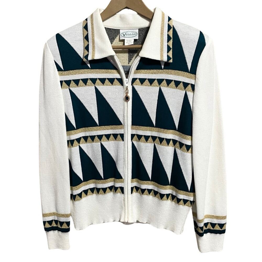 Vintage Voyager by Patchington Zip Front Sweater Size S Ivory Gold Teal USA